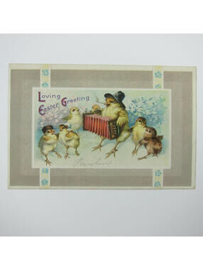 Easter Postcard Anthropomorphic Chicks in Hats Play Accordion Smoke Pipe Antique